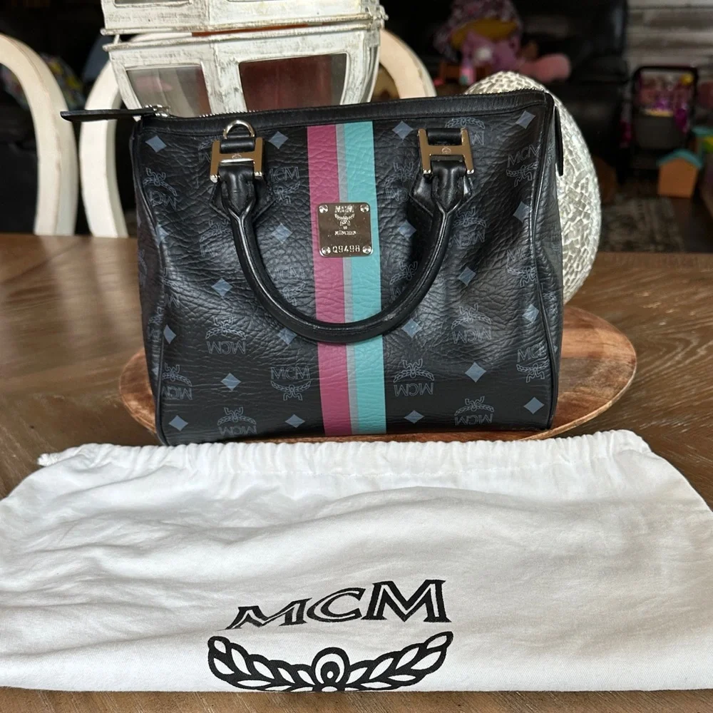 MCM Black Satchel with Pink and Teal Stripes - Picture 1 of 12